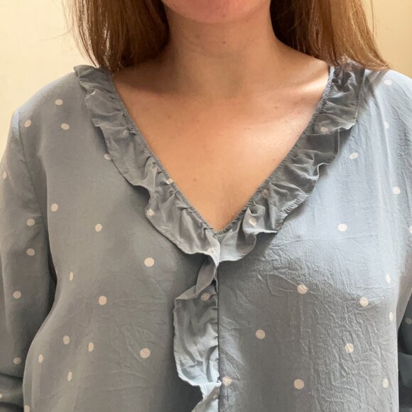 Sézane Light Blue Silk Ruffle Blouse w/ White Polka Dots | Size 40 (US 8/M) - Picture 2 of 7